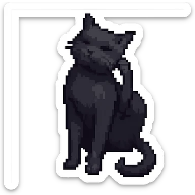 Edit the image of a black cat scratching its neck in the same pose, in pixel art style with transparent background. sticker
