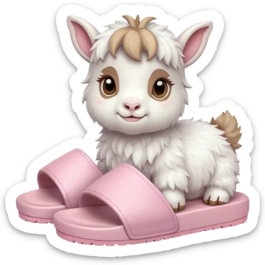 a baby goat emoji wearing pastel pink chunky slides sticker