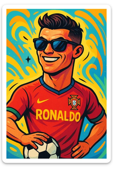 Create an image of Ronaldo with stylish sunglasses and a football next to him in a vibrant cartoon style. Emphasize bright colors and lively cartoon aesthetics. sticker
