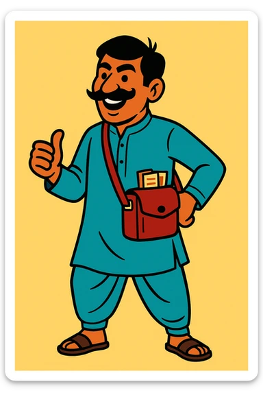 Pakistani bus conductor standing with ticket pouch, smiling, wearing shalwar kameez, mustache, energetic, South Asian features, vibrant illustration, plain background sticker