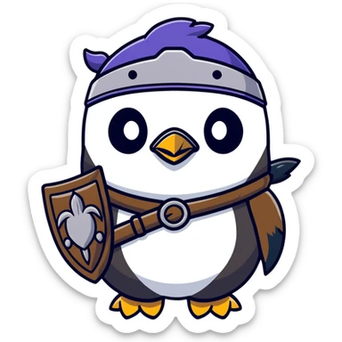 Cute penguin as Norse god Odin with two ravens on shoulders, wearing a Viking helmet and eyepatch sticker