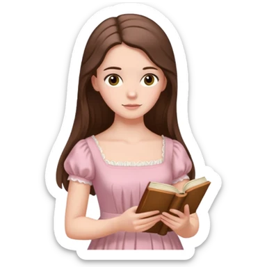  white long brunette hair girl with hazel eyes in light pink reading Pride and Prejudice sticker