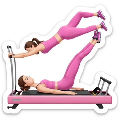 long brown hair girl doing a plank on a pilates reformer in a pink workout set sticker