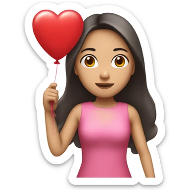Asian girl with long hair wearing a pink dress holding a red heart ballon sticker