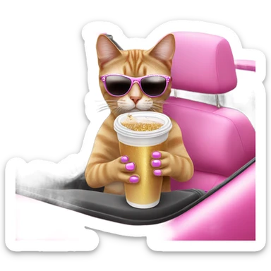 Cat with iced out jewelry and glittery sunglasses sipping on an iced coffee in a pink convertible sticker