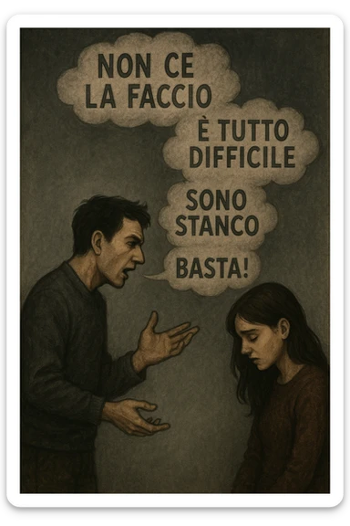 Vertical format: A man speaking, clouds of negative words in Italian ('Non ce la faccio', 'È tutto difficile'), a woman lowering her gaze, heavy energy between them. sticker