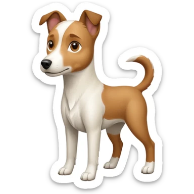 a full body white parson russell looking dog the size of a kelpie with light brown ears and a light brown patch on one eye and a large snout sticker