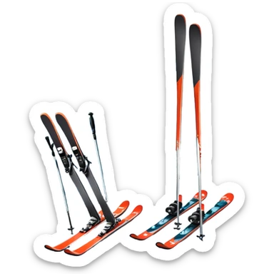 An icon featuring a pair of skis and ski poles in the foreground, set against a picturesque snow-covered slope. The background includes snowy peaks and evergreen trees, symbolizing the excitement and beauty of winter sports. Transparent background highlights the thrill of skiing and snowboarding. sticker