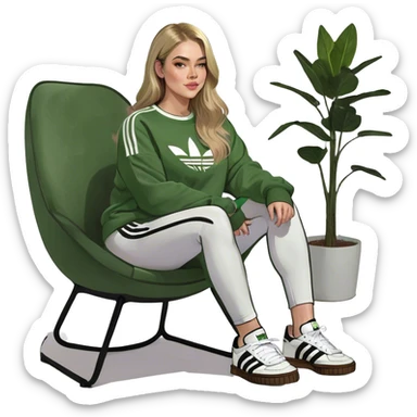 Girl long bright blonde highlighted hair middle part with rosy cheeks and plump mauve lips green eyes and wearing a white sweatshirt and black leggings with black and white adidas OG Samba sneakers sitting in a cozy chair posing with legs over the side of chair  sticker