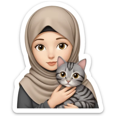 White girl wearing hijab holding a black grey tabby cat sticker
