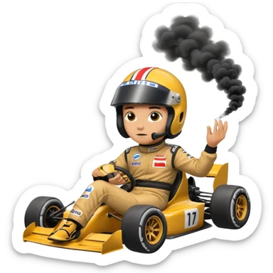 drifting car with tires smoke and a driver with a f1 helmet sticker