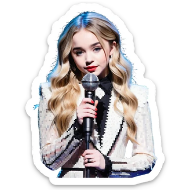 Sabrina Carpenter in a fancy pink outfit with a microphone sticker