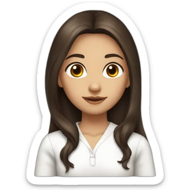 A girl with long dark brown hair, wearing a white shir, with brown eyes and slightly tanned sticker