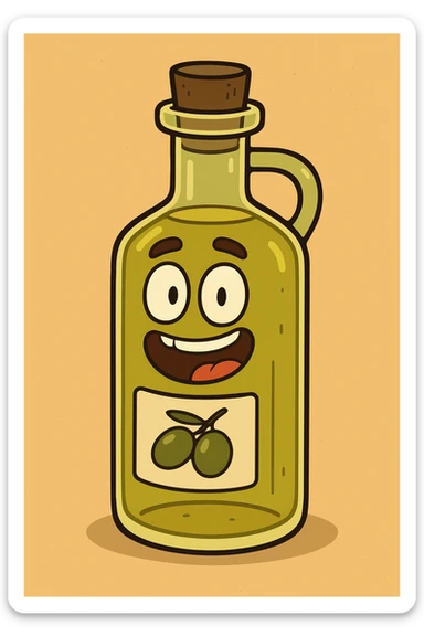 cartoon style olive oil bottle, vibrant colors, simple shapes sticker