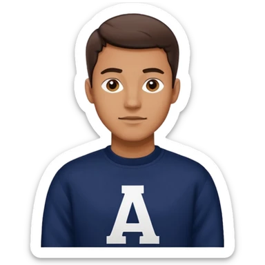 man wearing a dark navy sweater with a giant white letter A on the upper right of the chest in collegiate font sticker