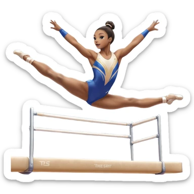 Professional gymnast performing a dynamic routine on parallel bars, captured mid-air in an elegant flip. The background features a well-lit gymnastics arena with a cheering audience. The athlete's posture and expression convey strength, control, and perfect coordination. sticker