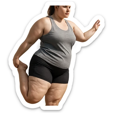 hyper realistic 4K woman stretching, fat on thighs and legs, normal physique, natural light, realistic details sticker
