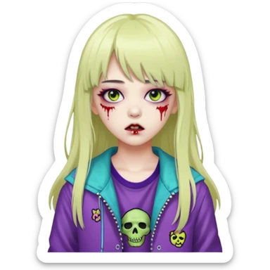  portrait-of-a-zombie-k-pop-idol,-wearing-a-stylish-streetwear-outfit-with-layered-colorful-clothing,-long-hair-with-bangs,-makeup,- sticker