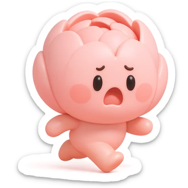 round chibi pastel pink peony flower with blushing cheeks and a panicked expression, rushing with tiny legs, vinyl figure style sticker