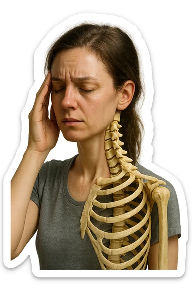 donna stanca che si tiene una mano sulla tempia con spina dorsale anatomica visibile, iperrealistico 4k sticker