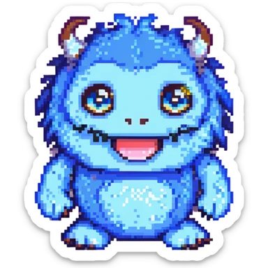 Huggy Wuggy character, blue furry monster with big eyes and wide smile, simple and cute, pixel art style sticker