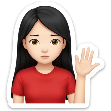 Cute asian girl with long hair and red t shirt who is judjing sticker