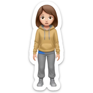 Chica grande  asustada de cuerpo completo mirado a la izquierda con pelo castaño pantalones grises y hoodie gris  sticker