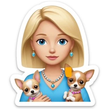 Make an emoji with blonde hair and medium tone, skin with bright blue eyes, gold, and pink jewelry on her wrist and necklace with an a on it, holding a dog that is a Chihuahua with big ears that is black and white and brown ￼￼ sticker