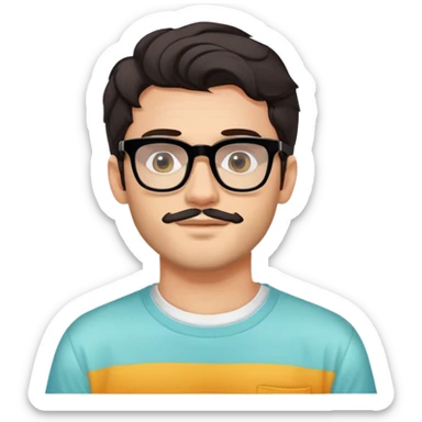 young adult man with light skin, short beard, dark wavy hair, relaxed expression, very wide rectangular glasses with thick black acetate frame and thick double bridge, retro oversized style, colorful open shirt and white t-shirt sticker