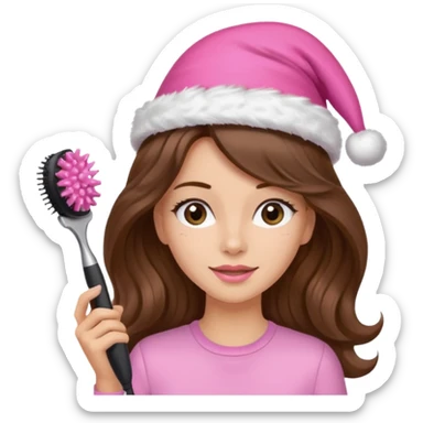 mujer peinandose en la peluqueria y con un gorro de navidad rosado, cabello largo café y ondulado sticker