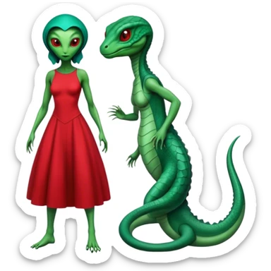 a reptilian alien woman full body, in red dress sticker