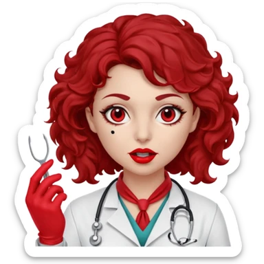 Lilith scalpel in hand, evil surgeon sexy surgeon clothes.  She has red eyes. Dark brown curly hair. Wears sexy doctor outfit with red gloves.covers her mouth necknose with red bandana to hide  her identity. Hair is long and brown sticker