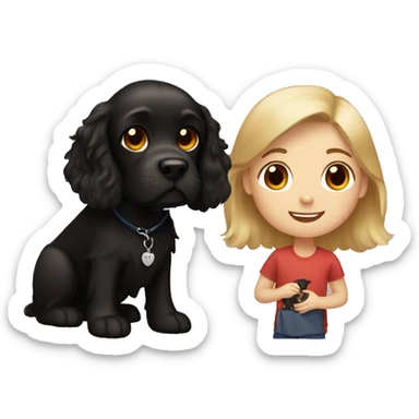 brown-haired girl and blond-haired boy with a black cocker spaniel sticker