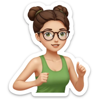 pretty girl white glasses side view brown hair in a bun green tank top running sticker