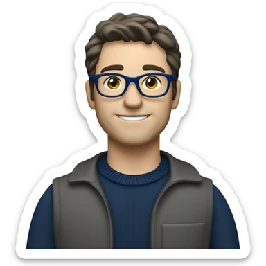 caucasian white man with dark hair, blue glasses, and carrying design plan because he is an architect carrying a pencil and a set model maquette. wearing a navy blue long sleeve sweater shirt. smart.  sticker
