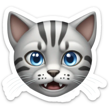 Light gray cat with stripes and black tipped ears and blue eyes with angry face sticker