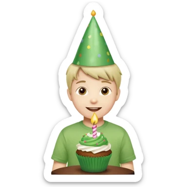 happy child with a green party hat and green shirt, in front of a birthday cupcake, festive mood sticker