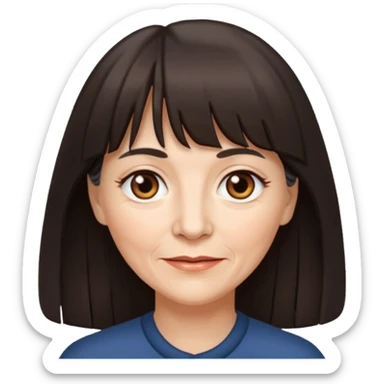 60 yr old woman, small brown eyes, long dark hair, bangs,  sticker
