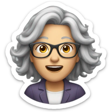 Long grey haired Woman with glasses shouting sticker