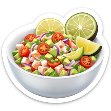 Mexican fish ceviche with lemon and sliced tomato, avocado and onion in a small bowl, fresh and colorful sticker