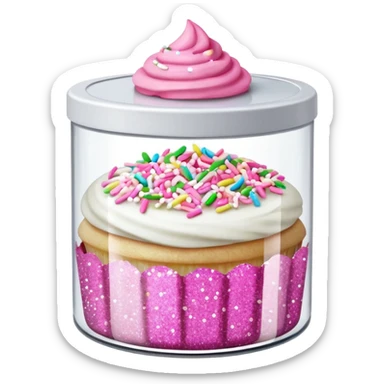 silver glitter in a small clear circular container with white lid, can of sprinkles, and pink cupcakes (all isolated)  sticker