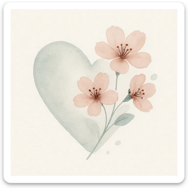 heart with sakura flowers and silver accents, watercolor style sticker