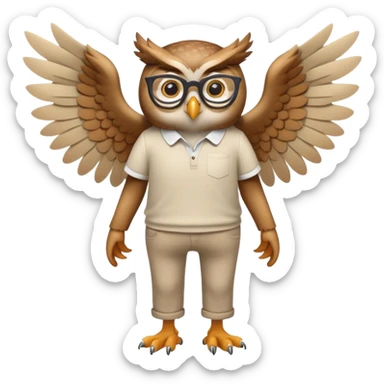 friendly anthropomorphised owl with wings instead of arms, in pants and a shirt, wearing glasses, walking upright, relaxed pose sticker