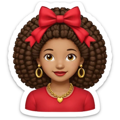 Brownskin girl dark brown hair afro pigtails with red bows brown eyes smiling closed mouth red shirt gold esrrings gold necklace sticker