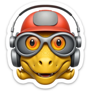 Dinosaurio  gris subido en un carro blanco tecnológico con lentes de realidad virtual sticker