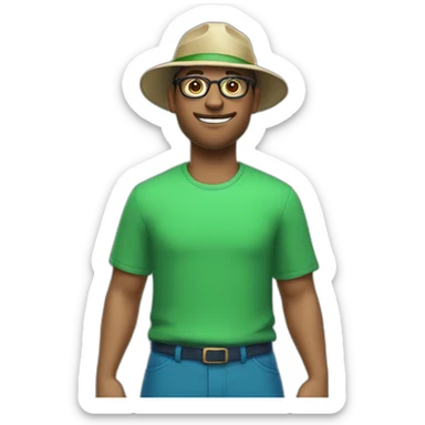 make a guy with cyan hat and green shirt and blue pants that is point to a sign that has "far club" and he has glasses sticker
