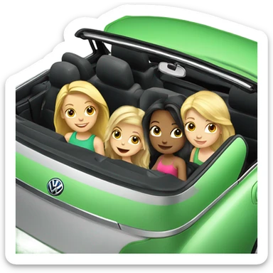 Two Caucasian blonde girls and two Caucasian brunette girls riding in a green volkswagen convertible sticker