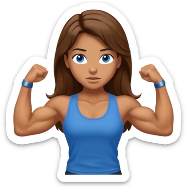 Girl with long brown hair, blue eyes and really muscular arms, flexing her muscles. Wearing a tank top sticker