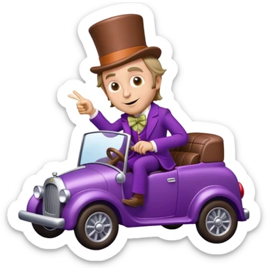Willy Wonka driving a fancy chocolate car sticker