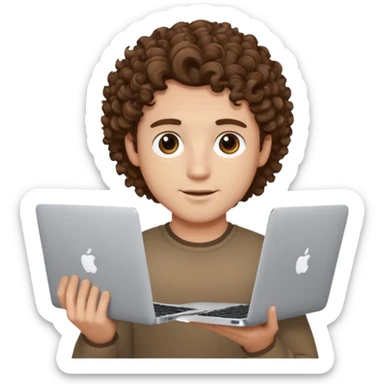 guy with curly hair and skin tone a little bit white, with a macbook sticker